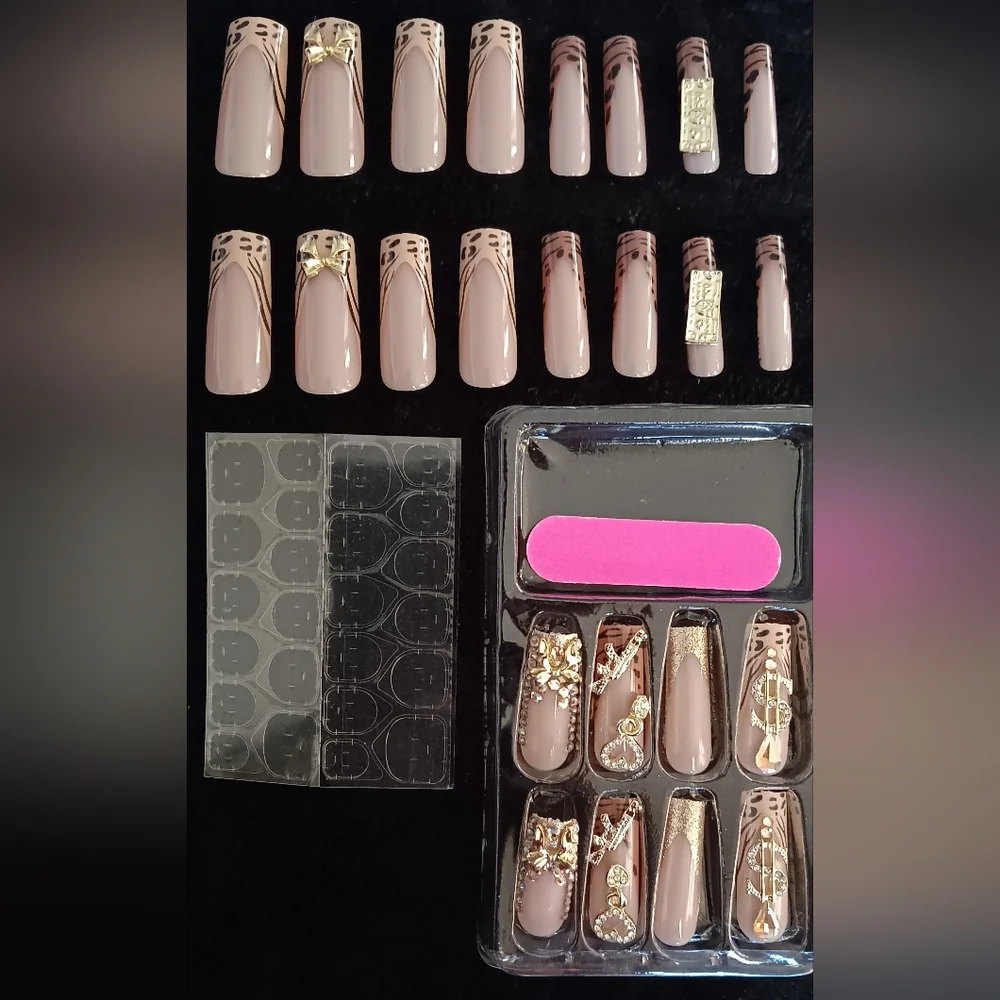 Women's Gold and Brown Animal Print Press-On Long Nails New - Picture 4 of 4